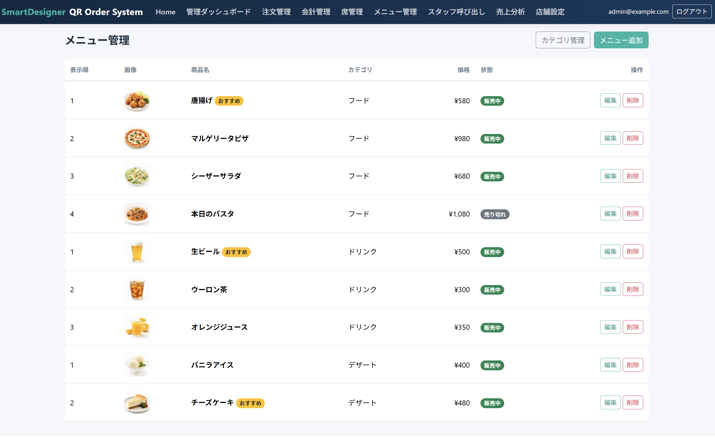 メニュー管理画面