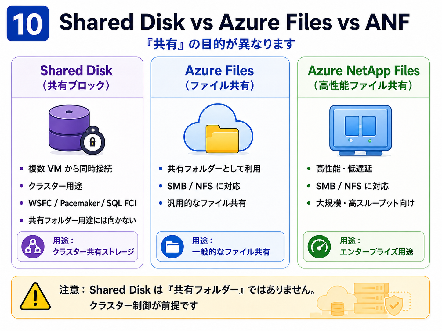 Shared Disk vs Azure Files vs ANF を解説する図（Azure VM 設計） - 共有の実現手段は複数あります。Shared Disk（同一ディスクを複数VMで共有し、クラスタソフトで制御）、Azure Files、Azure NetApp Files。それぞれ前提条件と得意領域が異なるため、共有の目的から選定します。