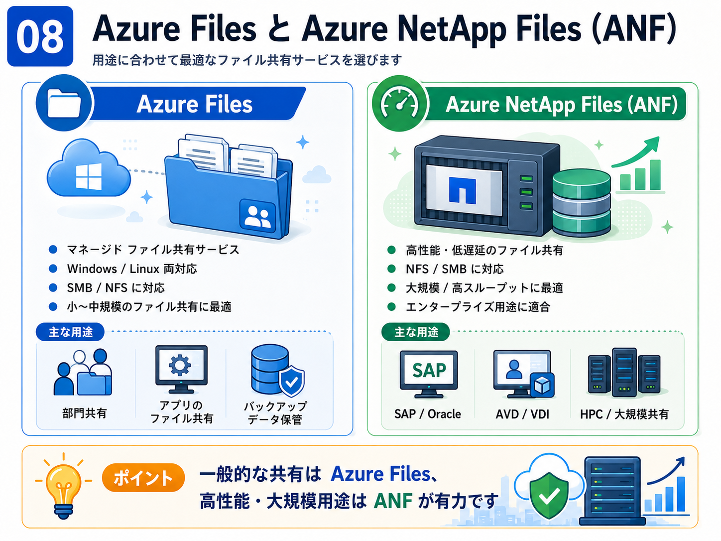 Azure Files と Azure NetApp Files を解説する図（Azure VM 設計） - 複数VMからの共有には Azure Files（SMB/NFS のフルマネージド共有）と Azure NetApp Files（高性能・低レイテンシなエンタープライズNAS）があります。性能・レイテンシ・機能要件が高いほど ANF が候補になります。